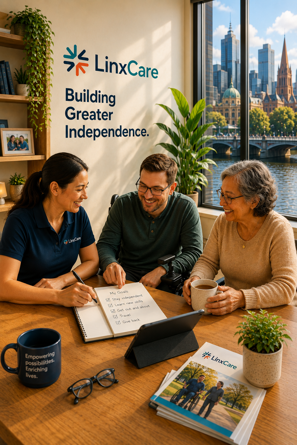 A LinxCare team member discussing independence goals with a participant and family member in Melbourne
