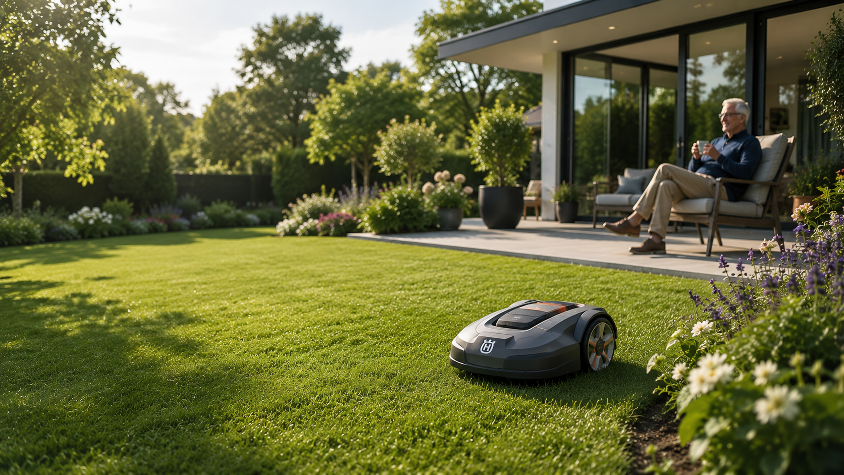 An older Australian watching a robotic mower maintain a suburban garden